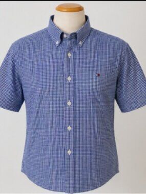 TOMMY HILFIGER MEN'S SHORT SLEEVE BUTTON DOWN SHIRT - BLUE & WHITE - 18.5 NECK